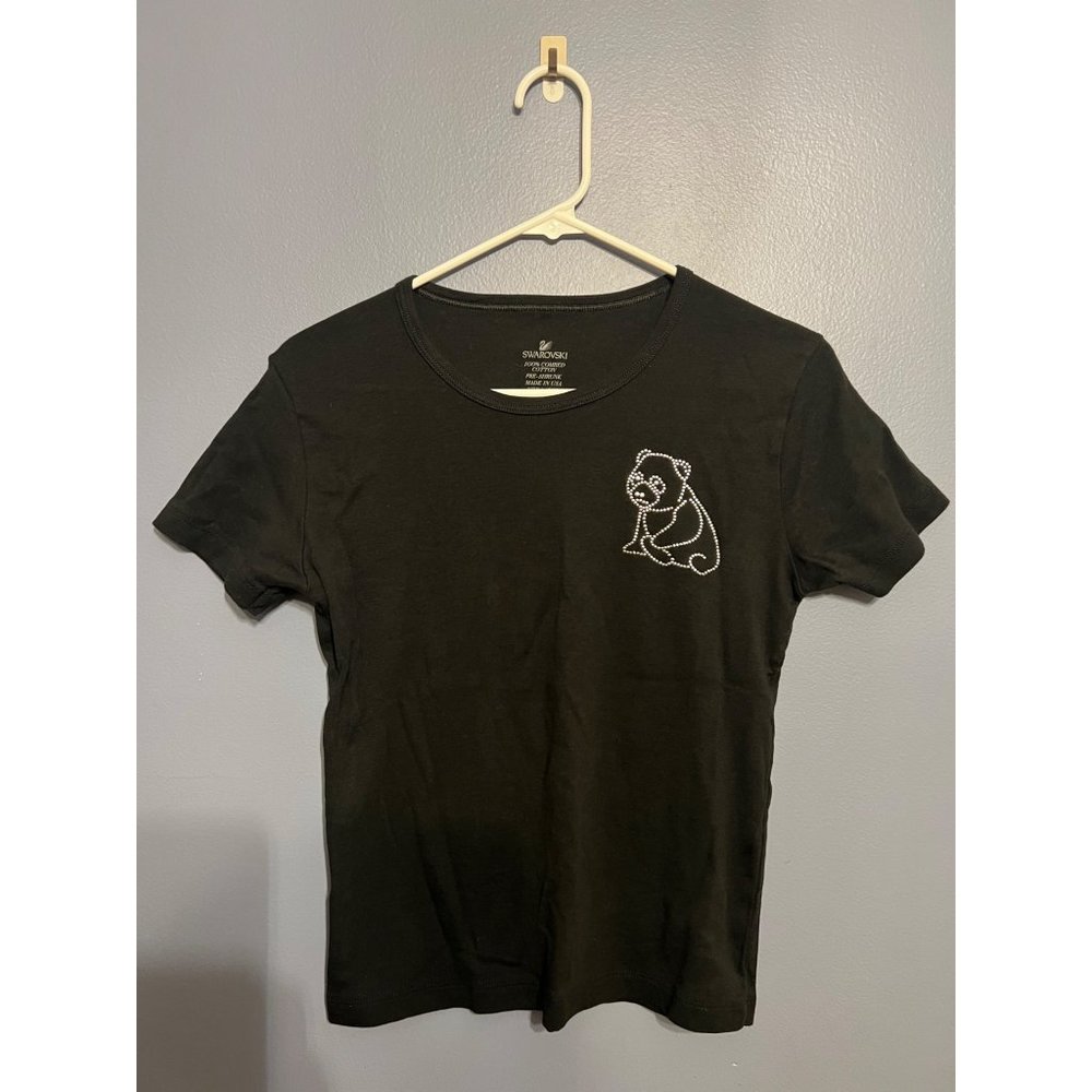 Swarovski Embossed Panda Bear Women's Black Short Sleeve Tee Size Large‎ Cotton